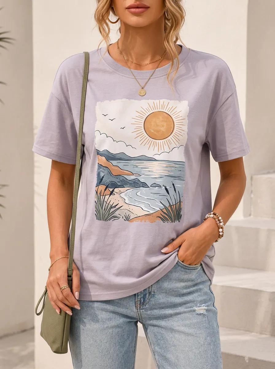 Women's Ocean Sun Landscape Graphic T-Shirt