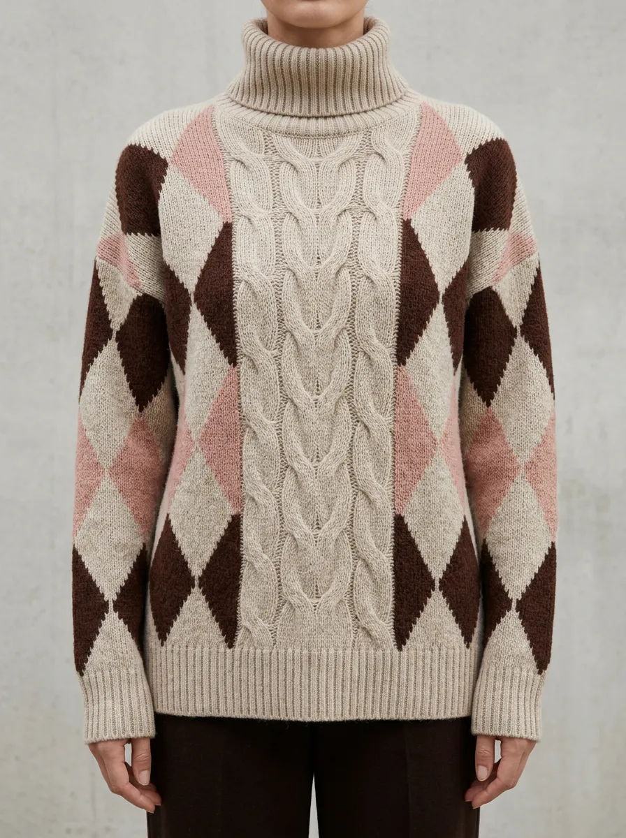 Women's Argyle Pattern Cable Knit Printed Turtleneck Sweater