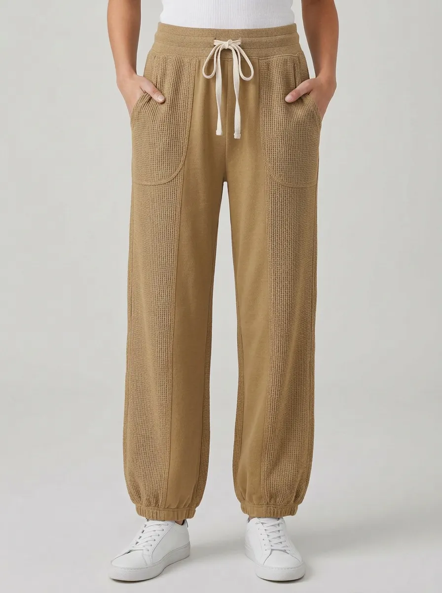 Women's Casual Waffle Knit Drawstring Cuffed Jogger Pants