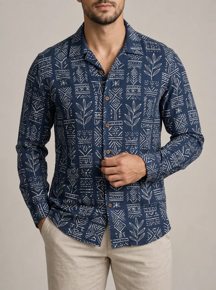 Men's Boho Inspired Botanical Tribal Printed Shirt