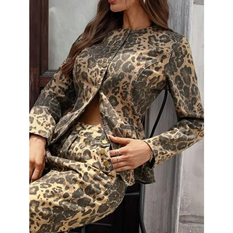 Leopard Button-Up Long-Sleeve Denim Shirt