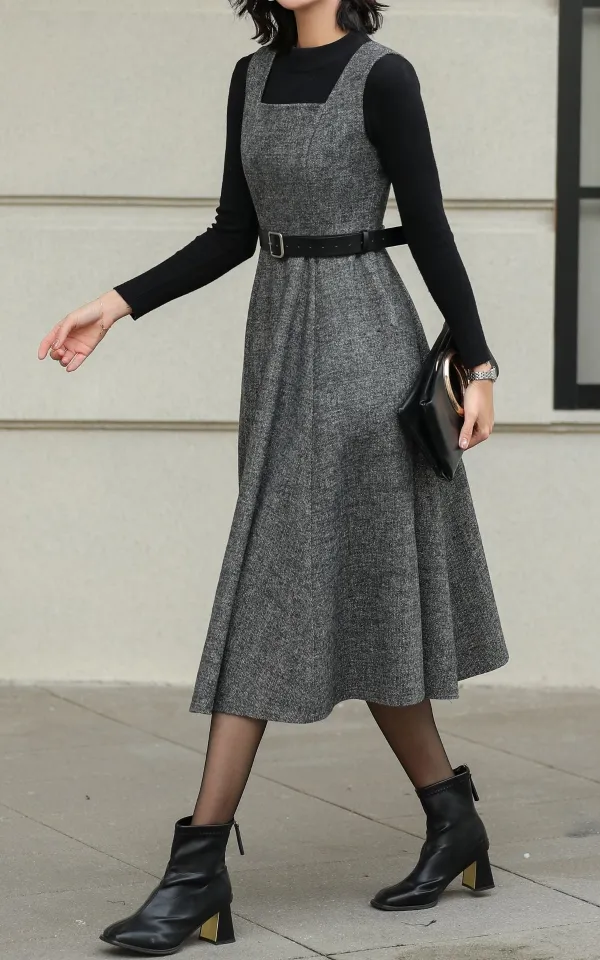 Wool Blend Swing Pinafore Sleeveless Midi Dress