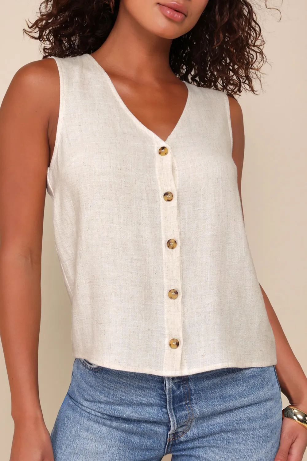 Casual Style Linen Sleeveless Button-Front Top