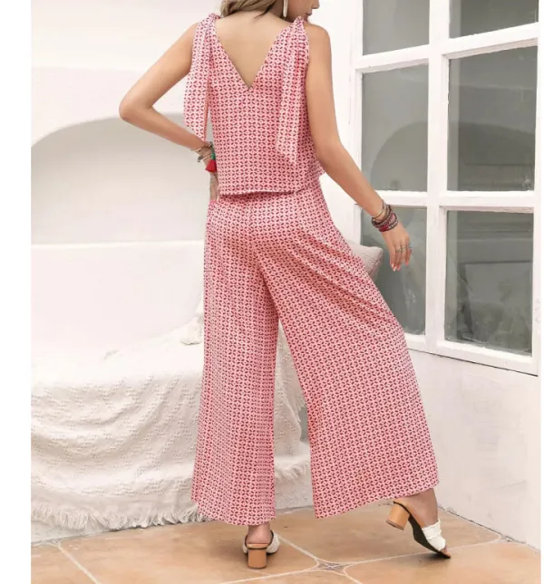 Gingham Tie Shoulder Top and Pants Set
