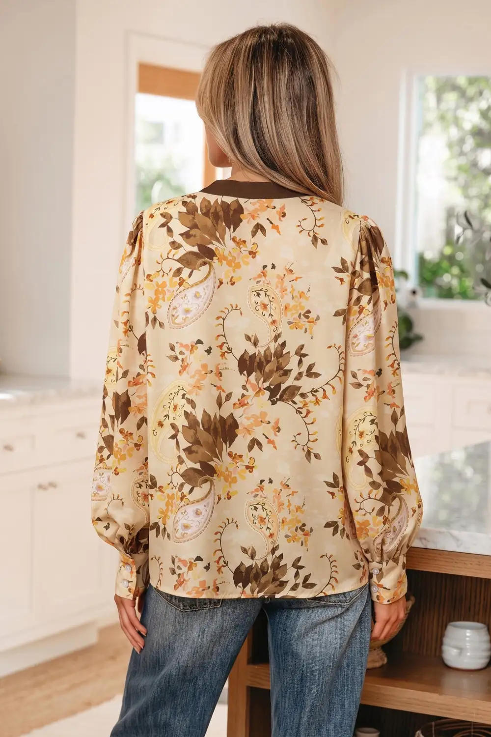 Women's Paisley Print Long Sleeve Tie Neck Top