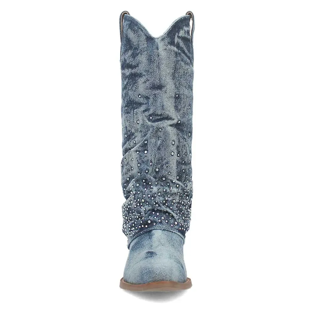 Denim Rhinestone Chunky-Heel Platform Western Boots