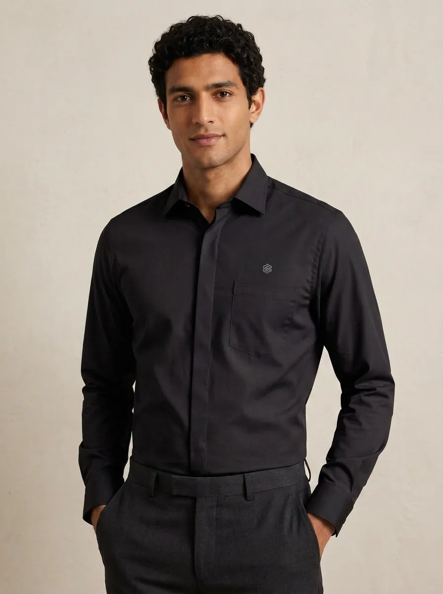 Men's Non-Iron Cotton  Logo Embroidered Long Sleeve Shirt