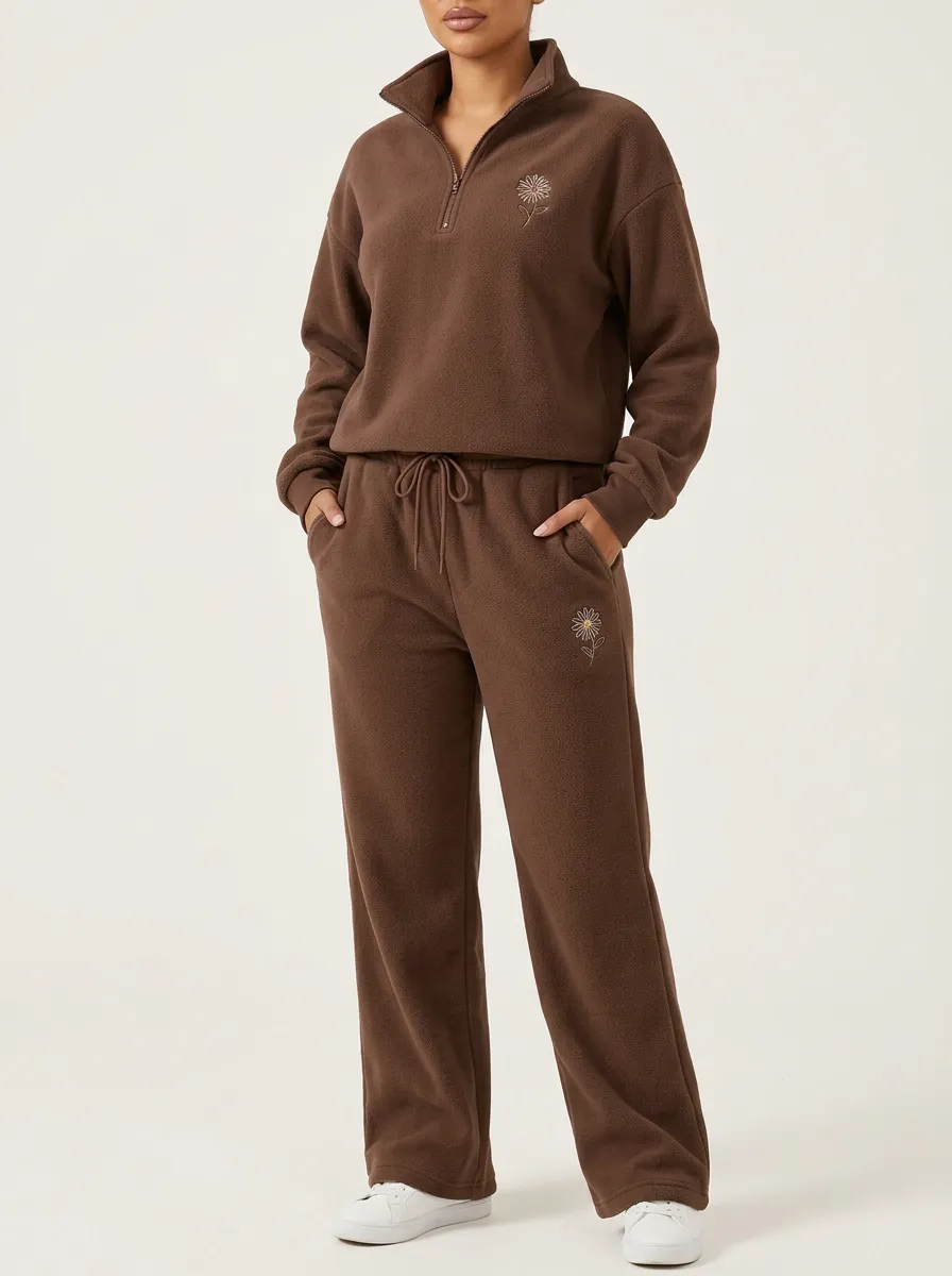 Women's Drop-Shoulder Floral Embroidered Quarter-Zip Lounge Set