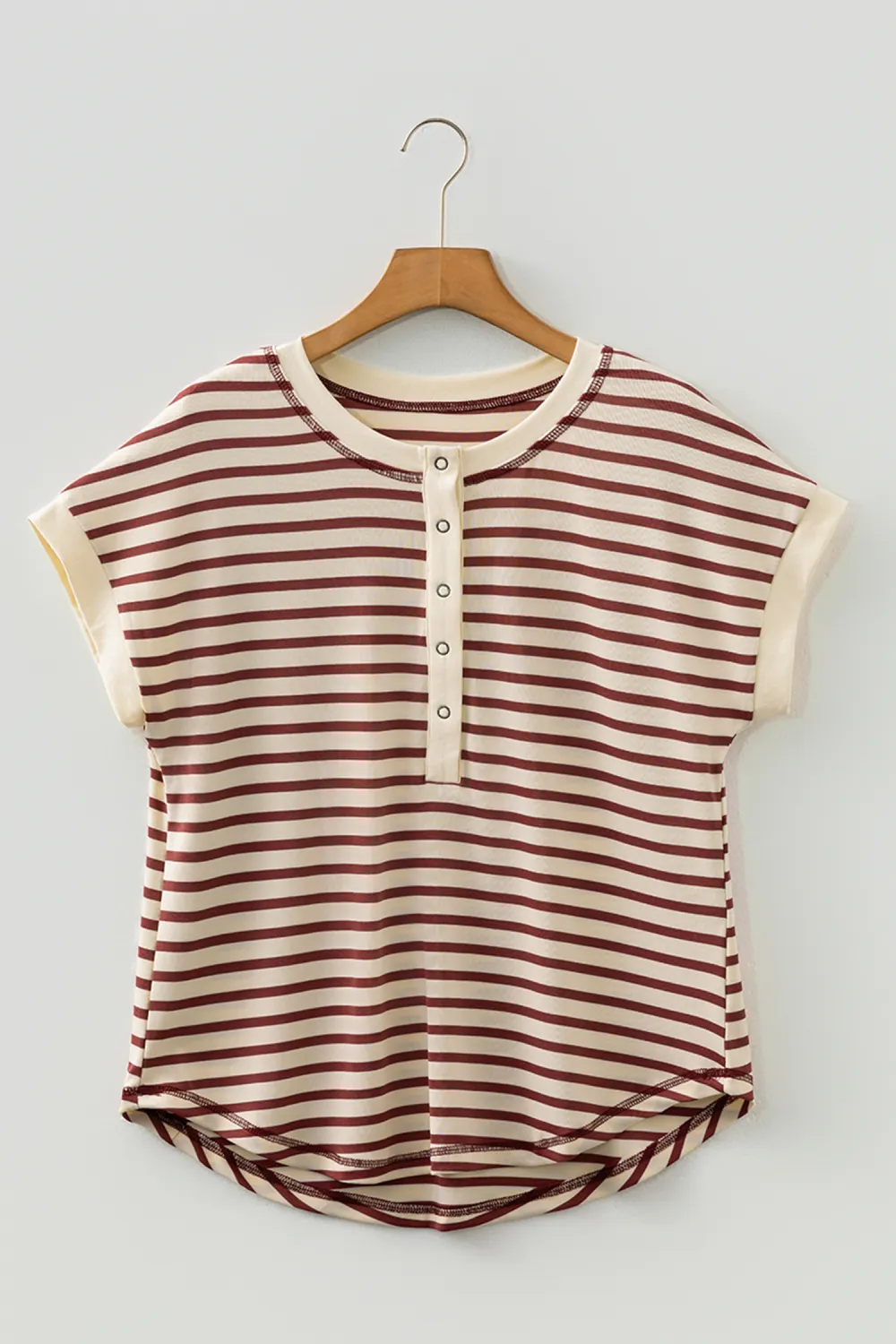 Red Stripe Half Buttons Round Tee