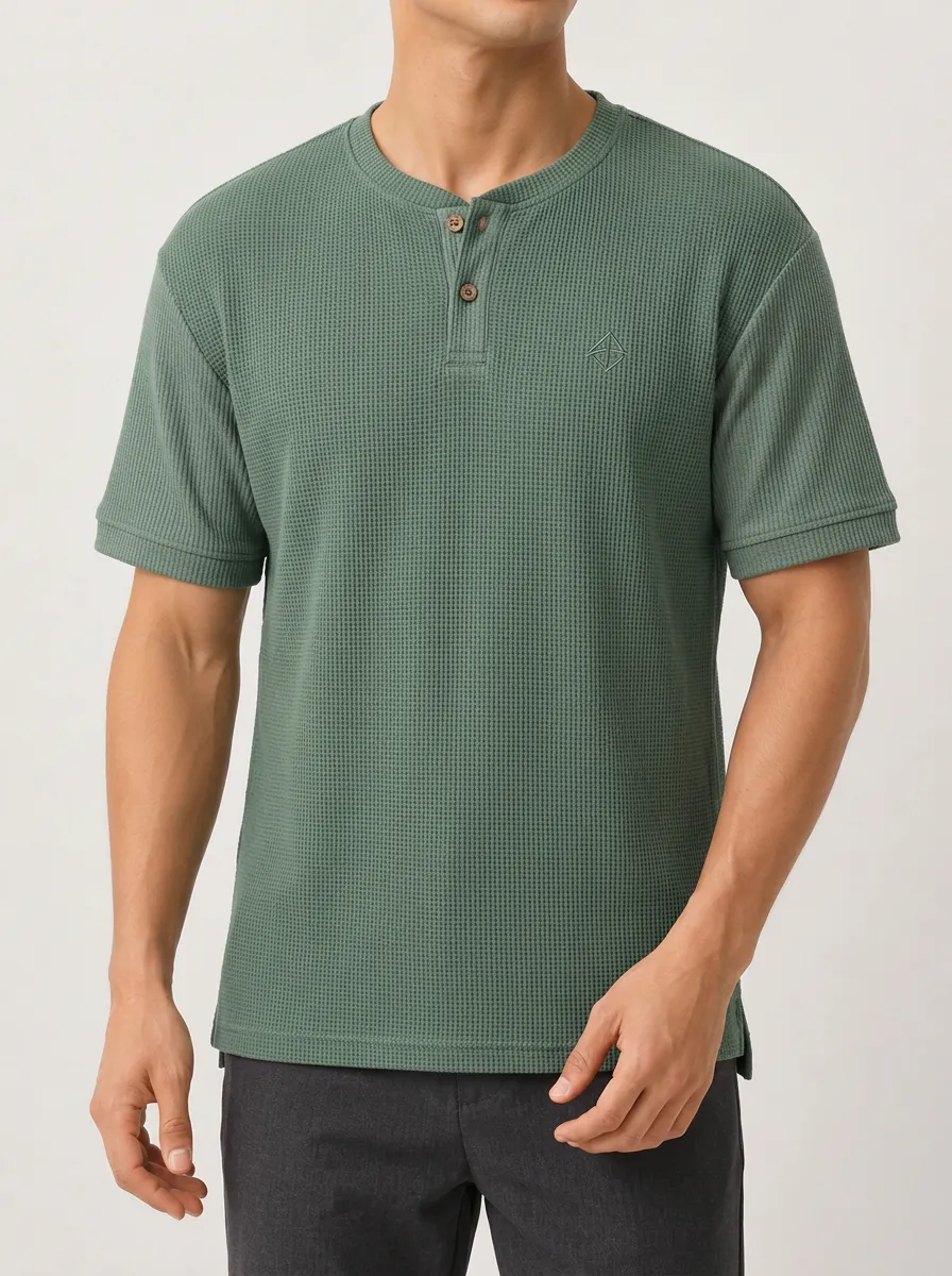 Men's Casual Layering Waffle Knit Henley Shirt
