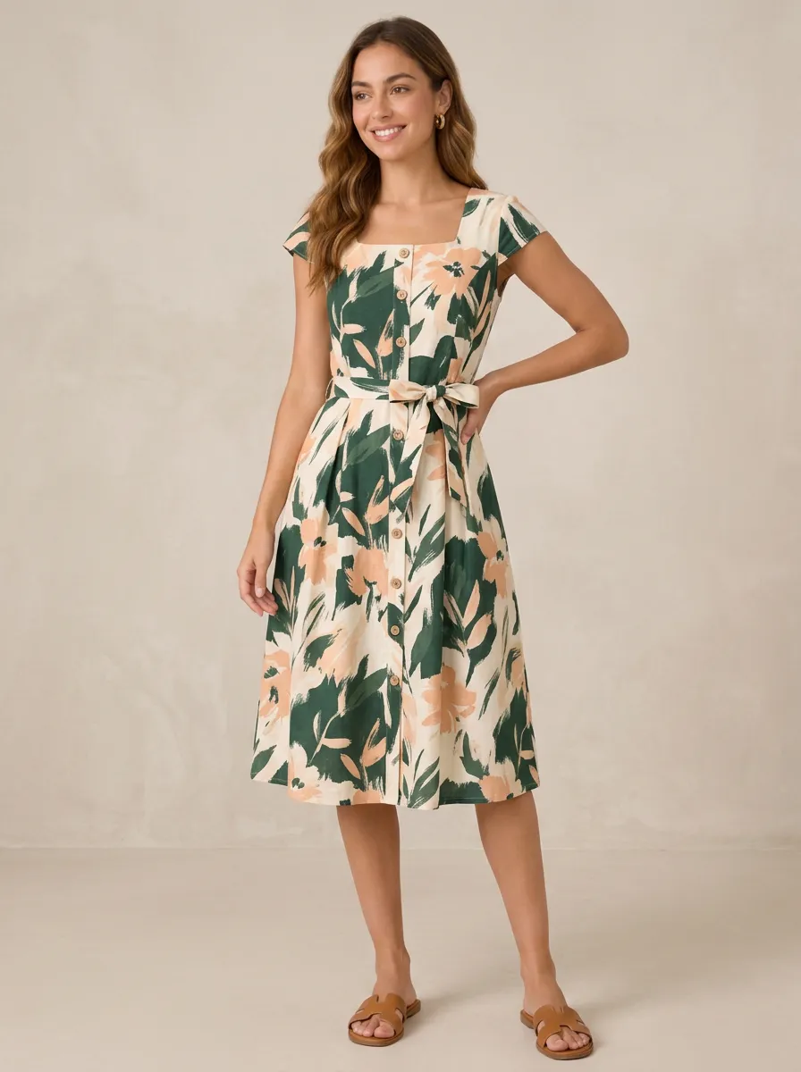 Women's Summer Casual Floral Abstract Printed Button-Down Midi Dress