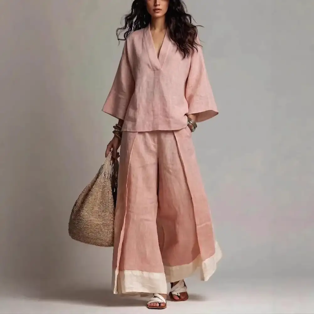 Wide-Leg V-Neck Denim Women's Matching Set