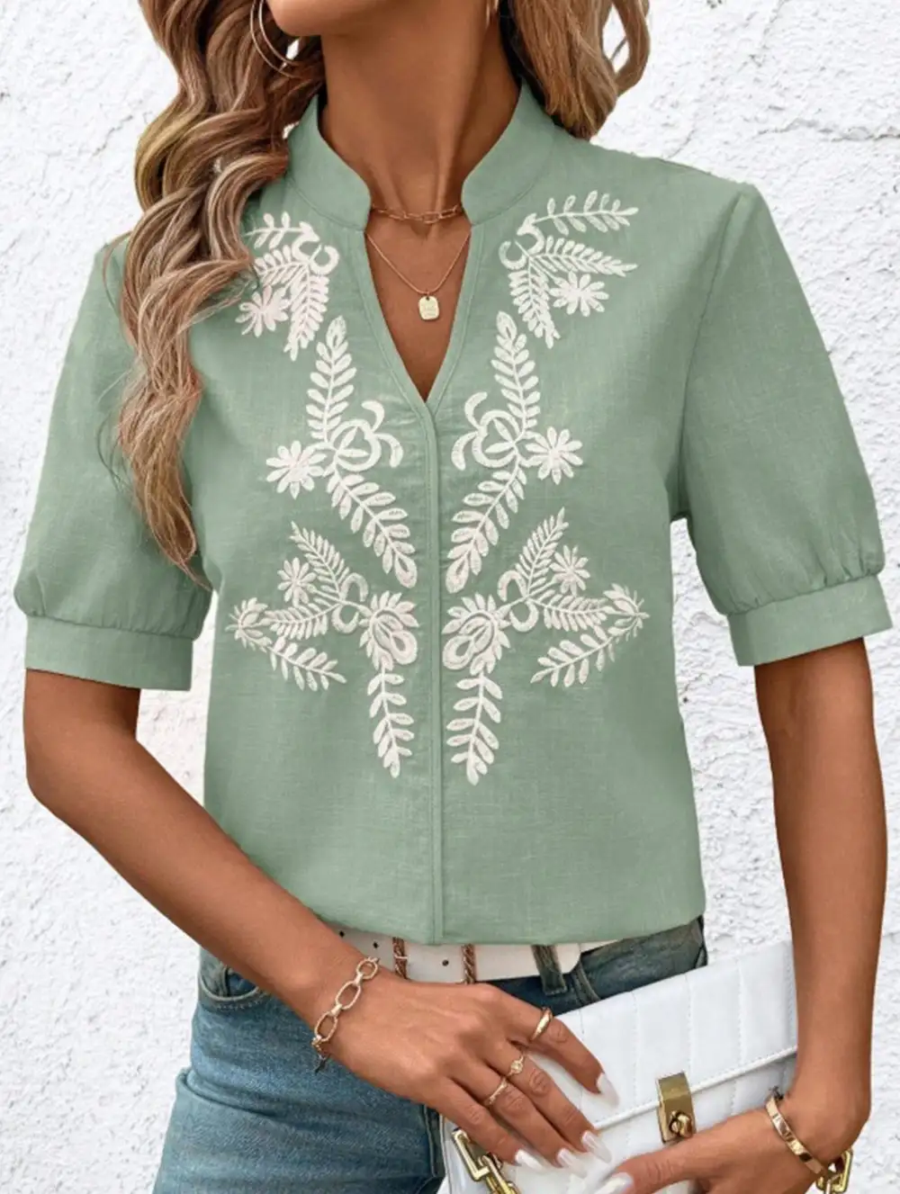 Everyday V Neck Embroidered Blouse