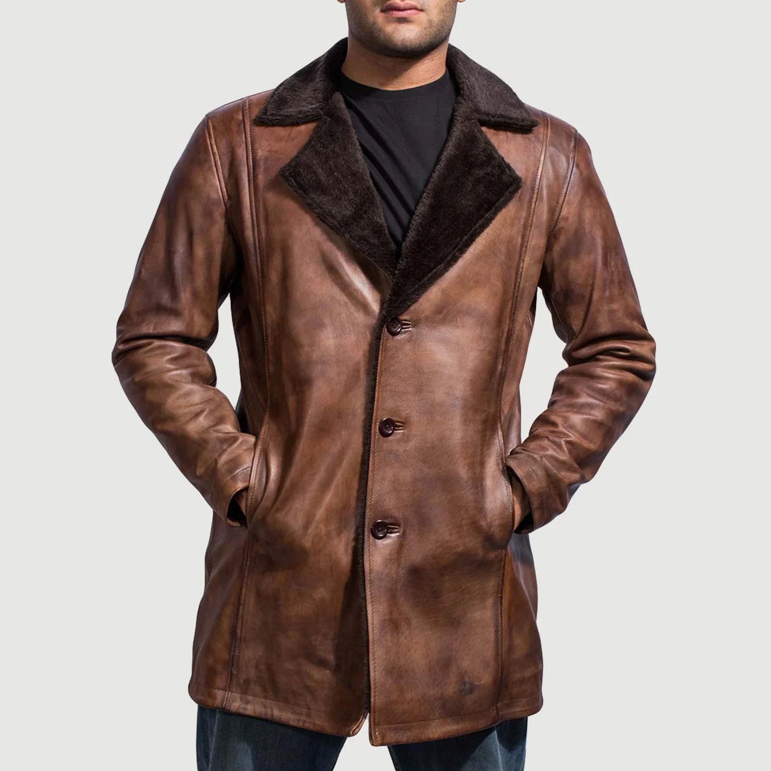 Men's Leather Fur Trim Distressed Coat
