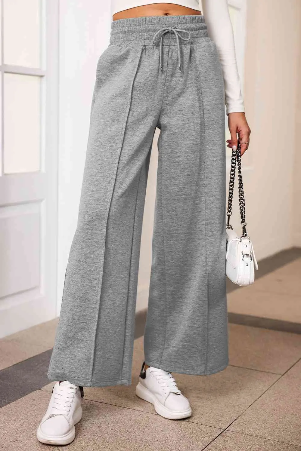 Polished Drawstring Wide Leg Pants With Pocket