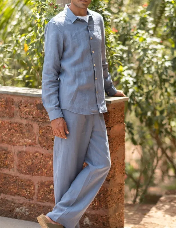 Blue Linen Pull-On Pants
