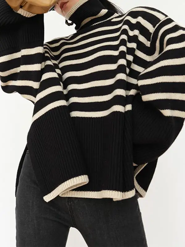 Striped Split Hem Paneled High Neck Long Sleeve Sweater