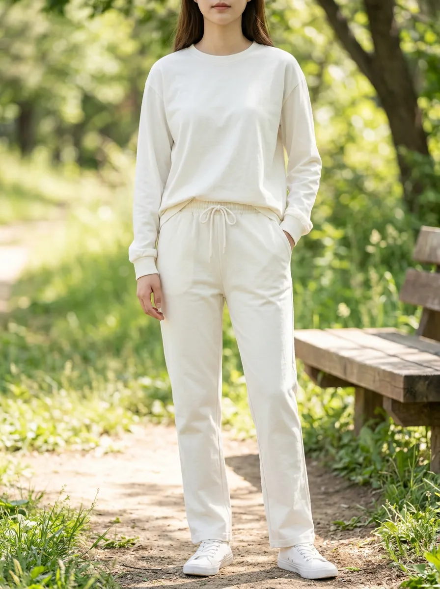Women's Casual Solid Cream Long Sleeve T-shirt and Pants Lounge Set