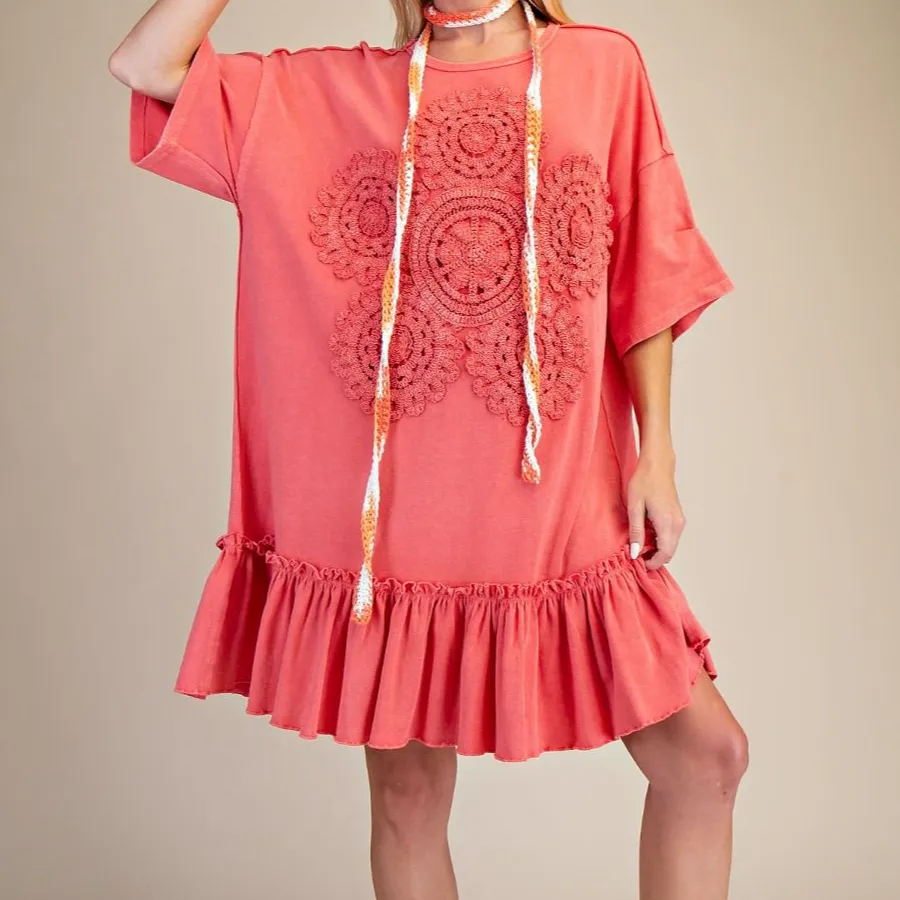 Modern Floral Lace Detail Ruffle Detail Dress