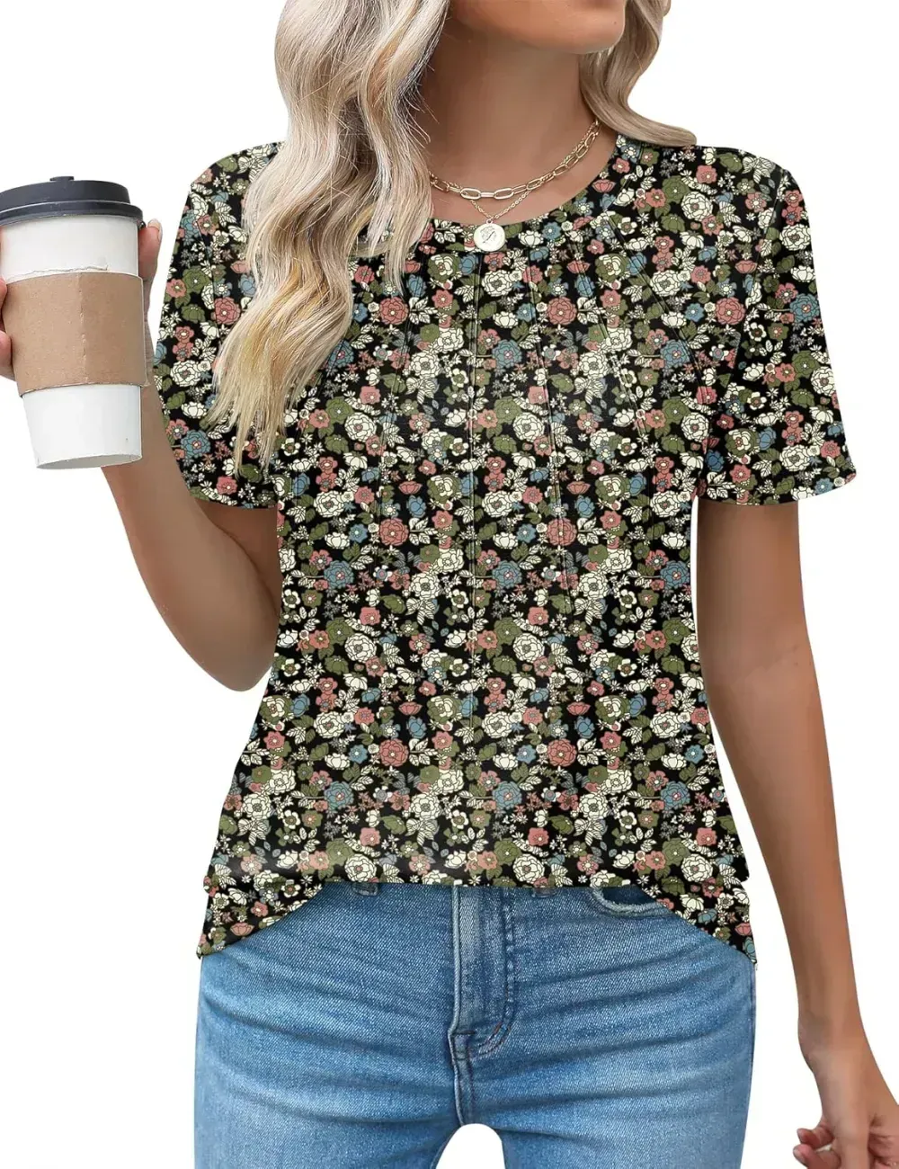 Kistore Womens Casual Crew Neck Short Sleeve Pleated Tops Blouses Fashion Clothes 2024
