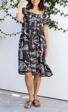 Abstract Cotton Pleated Round-Neck Short-Sleeve A-Line Knee-Length Dress