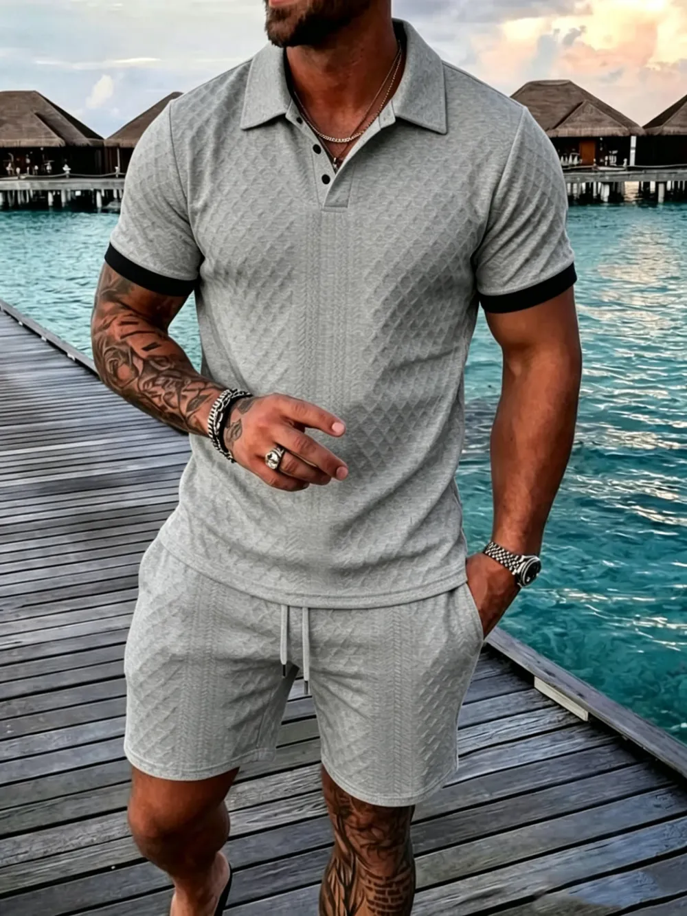 Men's Colorblock Polo Shirt & Drawstring Shorts Set, Textured Knit Short Sleeve, Casual Daily Wear, Summer Tropical Fashion Choice, Menswear, Clothes