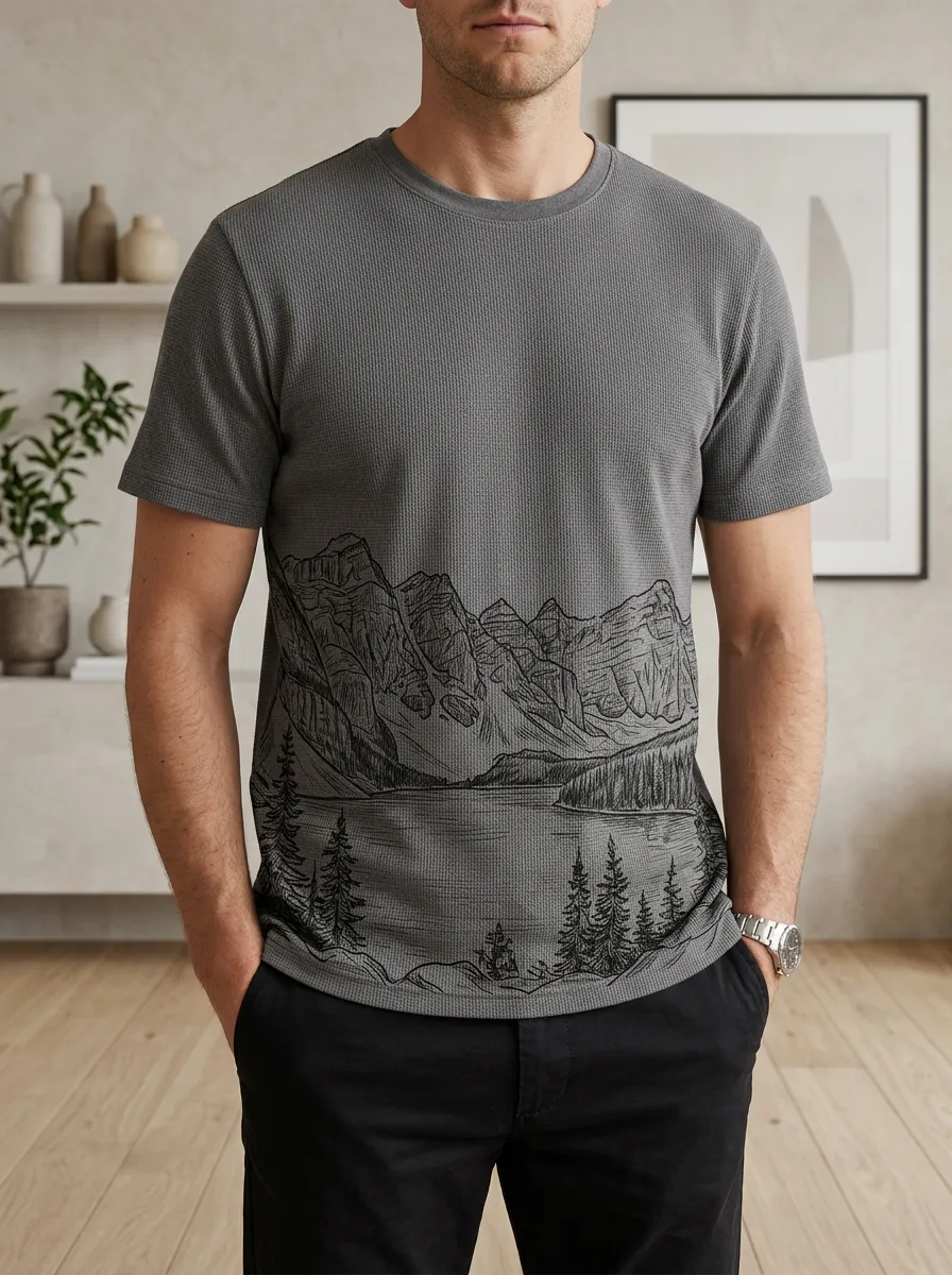 Men's Nature Lover Mountain Lake Sketch Signature Crew Neck T-Shirt