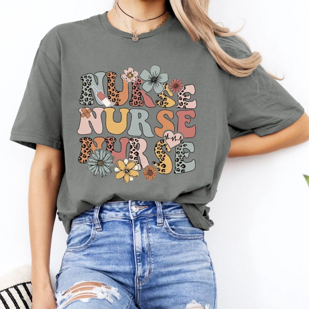 Retro Wildflowers Nurse Printed T-Shirts