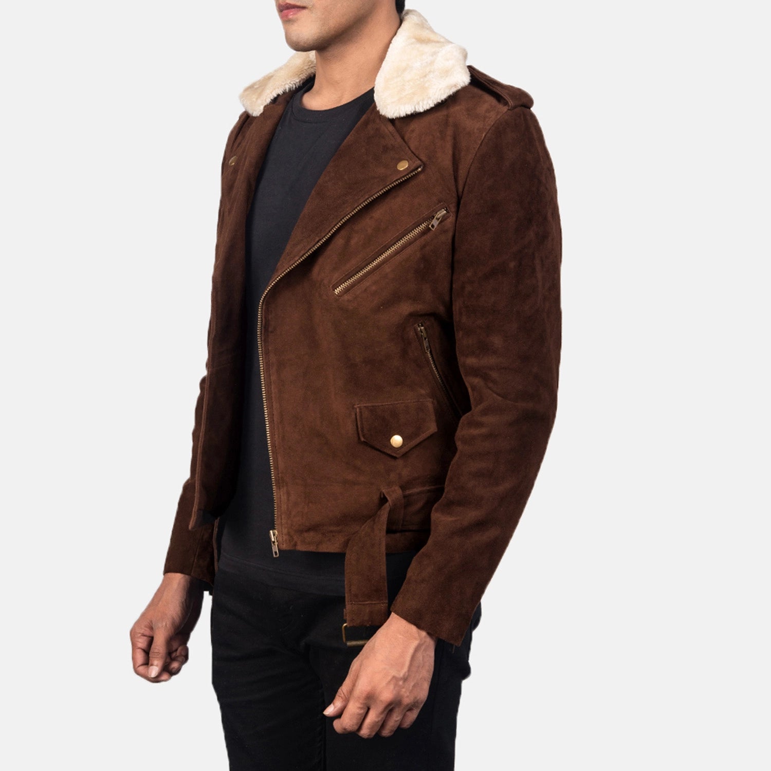 Men's Biker Suede Fur Trim Jacket