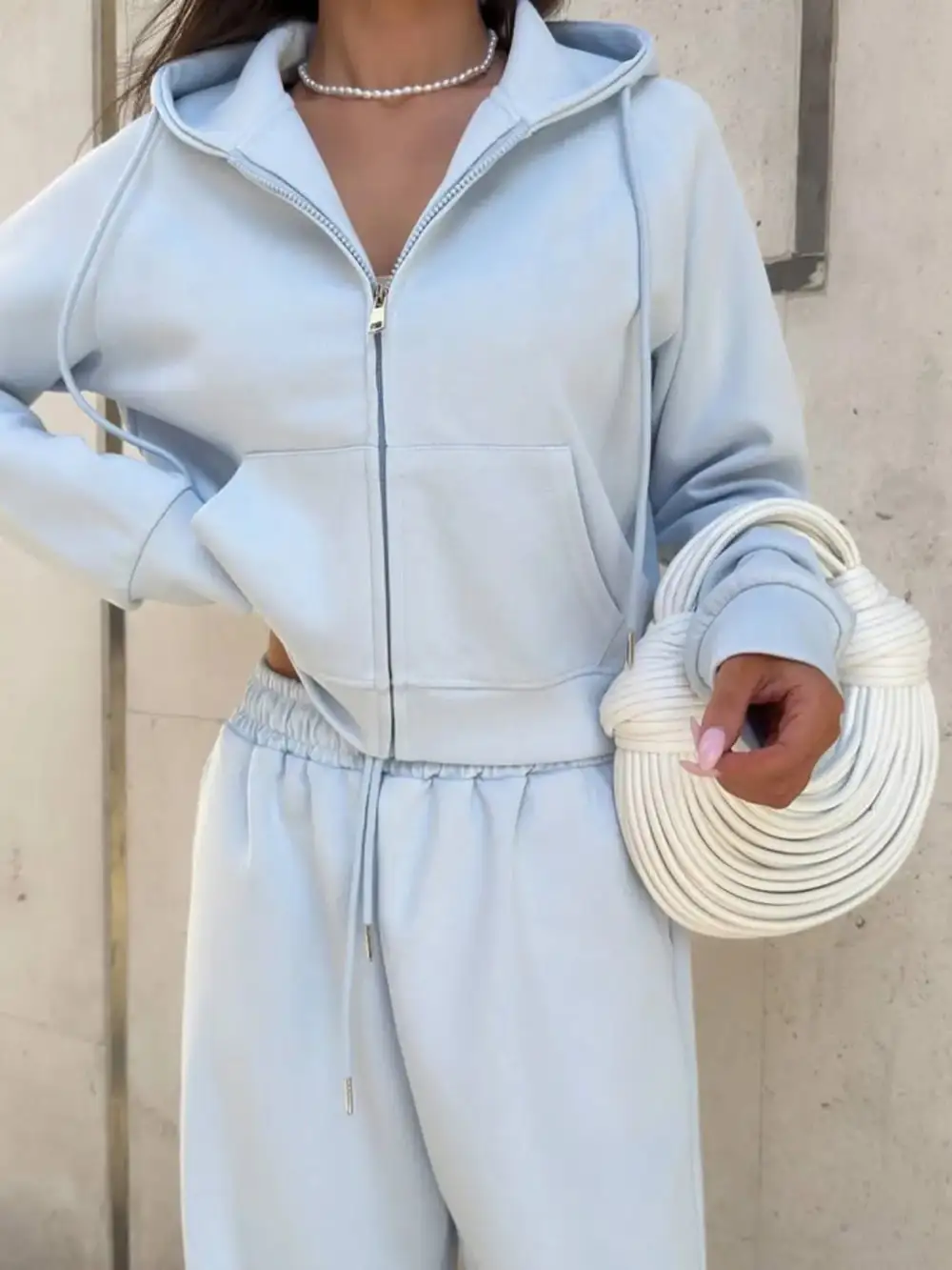 Zip Up Drawstring Hoodie And Pants Set