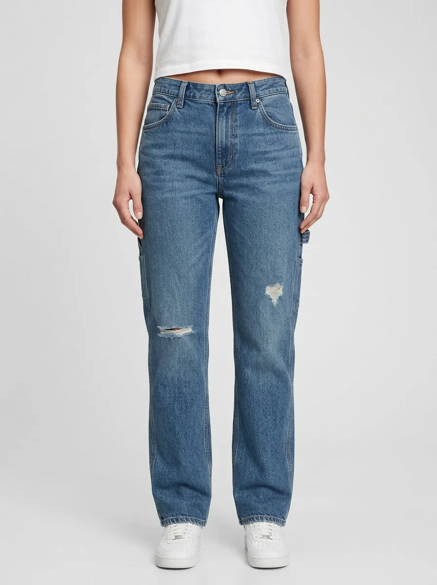 Women's Whiskered Utility-Pocket Knee-Distressed Mid-Rise Straight-Leg Jeans