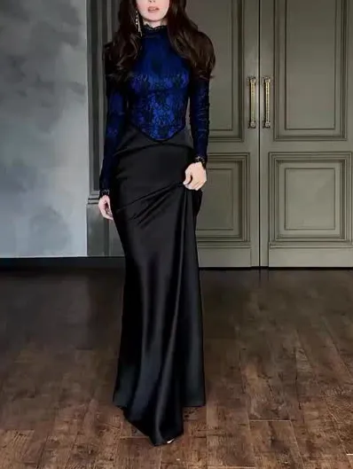 Lace Bodice Satin Mermaid Maxi Dress