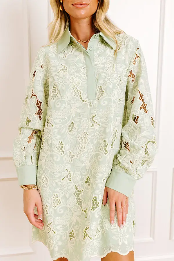 Embroidered Floral Collared Long Sleeve Relaxed Mini Dress