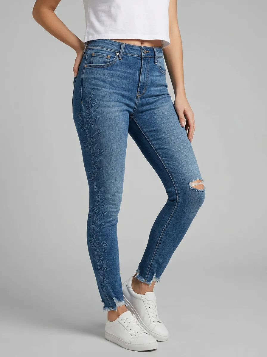 Women's Floral Vine Embroidered Distressed Slim Jeans
