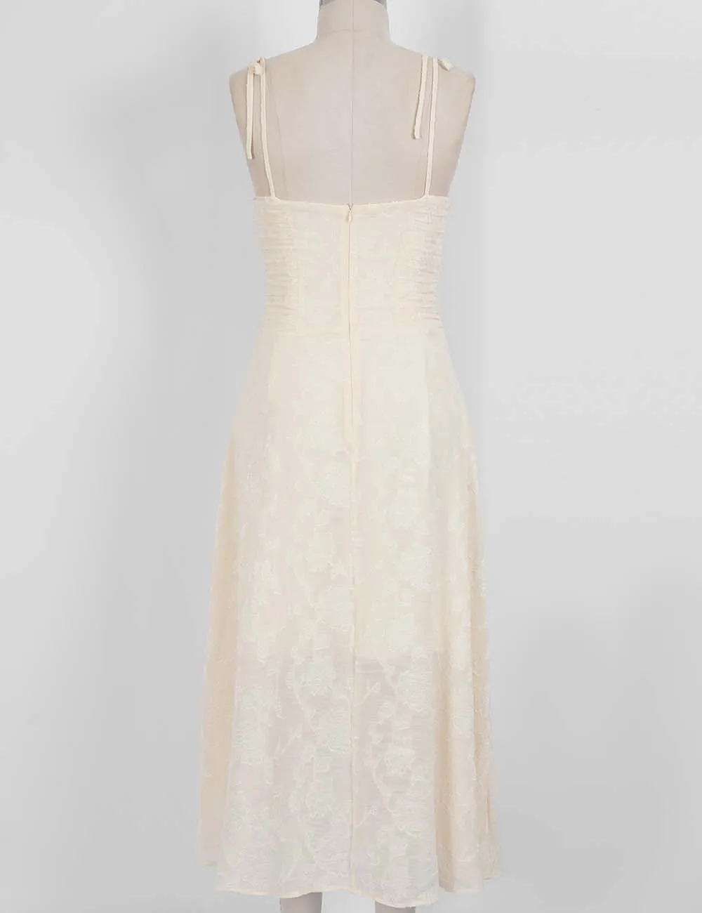 Romantic Jacquard Ruched Strap Cami Midi Dress