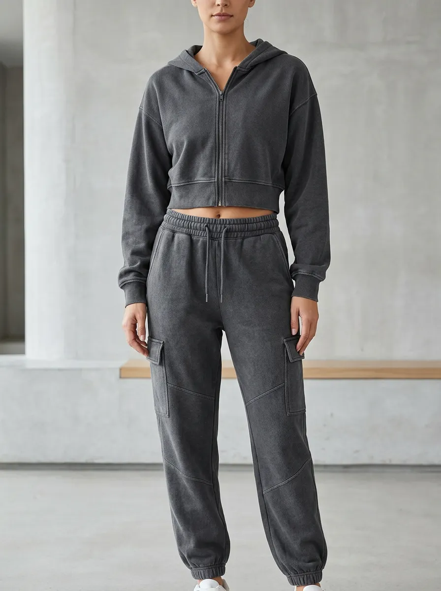 Cropped Mineral-Wash Cargo-Jogger Jogger Women's Cropped Zip-Up Hoodie Jogger Active Set