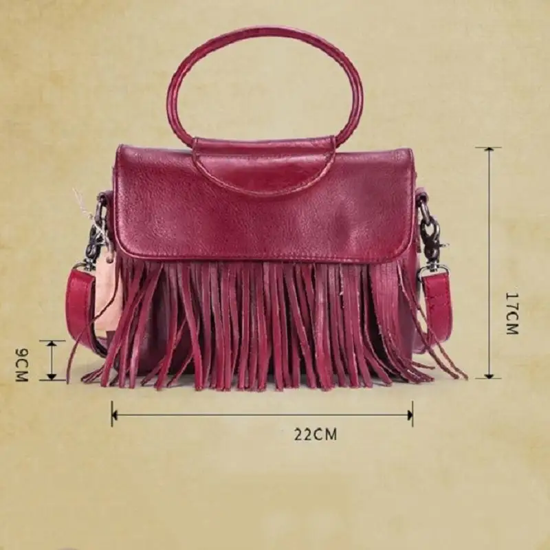 Vintage Leather Messenger Bag Tassel Horizontal Square