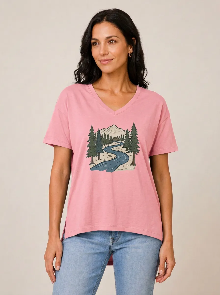 Women's Nature-Inspired Mountain River Forest Graphic V-Neck T-Shirt