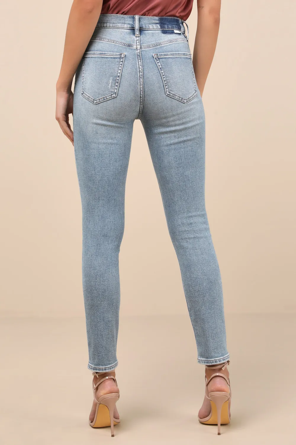 Casual Style  Light Wash Denim High-Rise Distressed Skinny Jeans