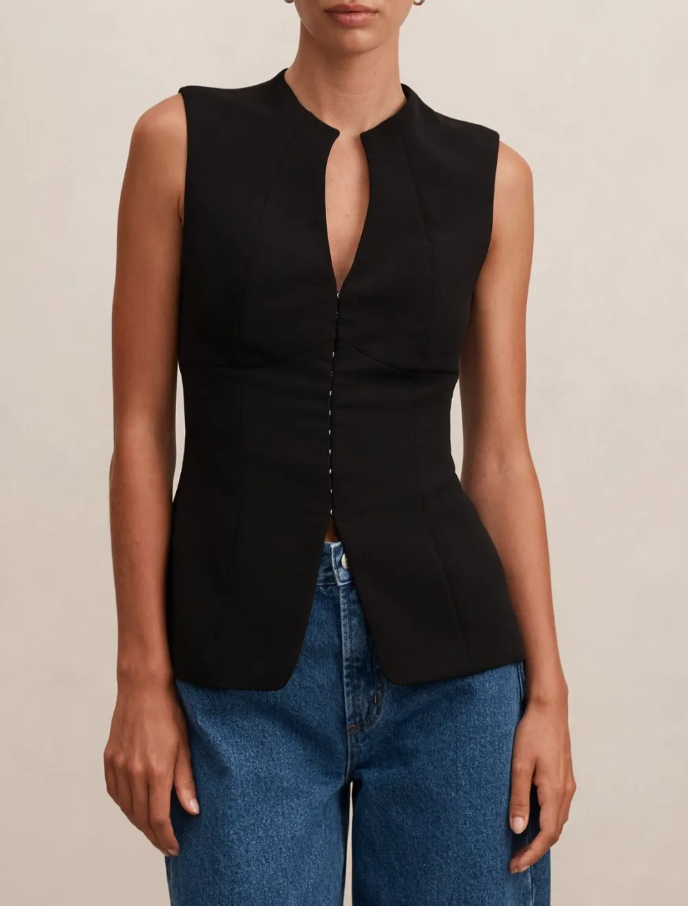 Black Tailored V-Neck Sleeveless Button Top