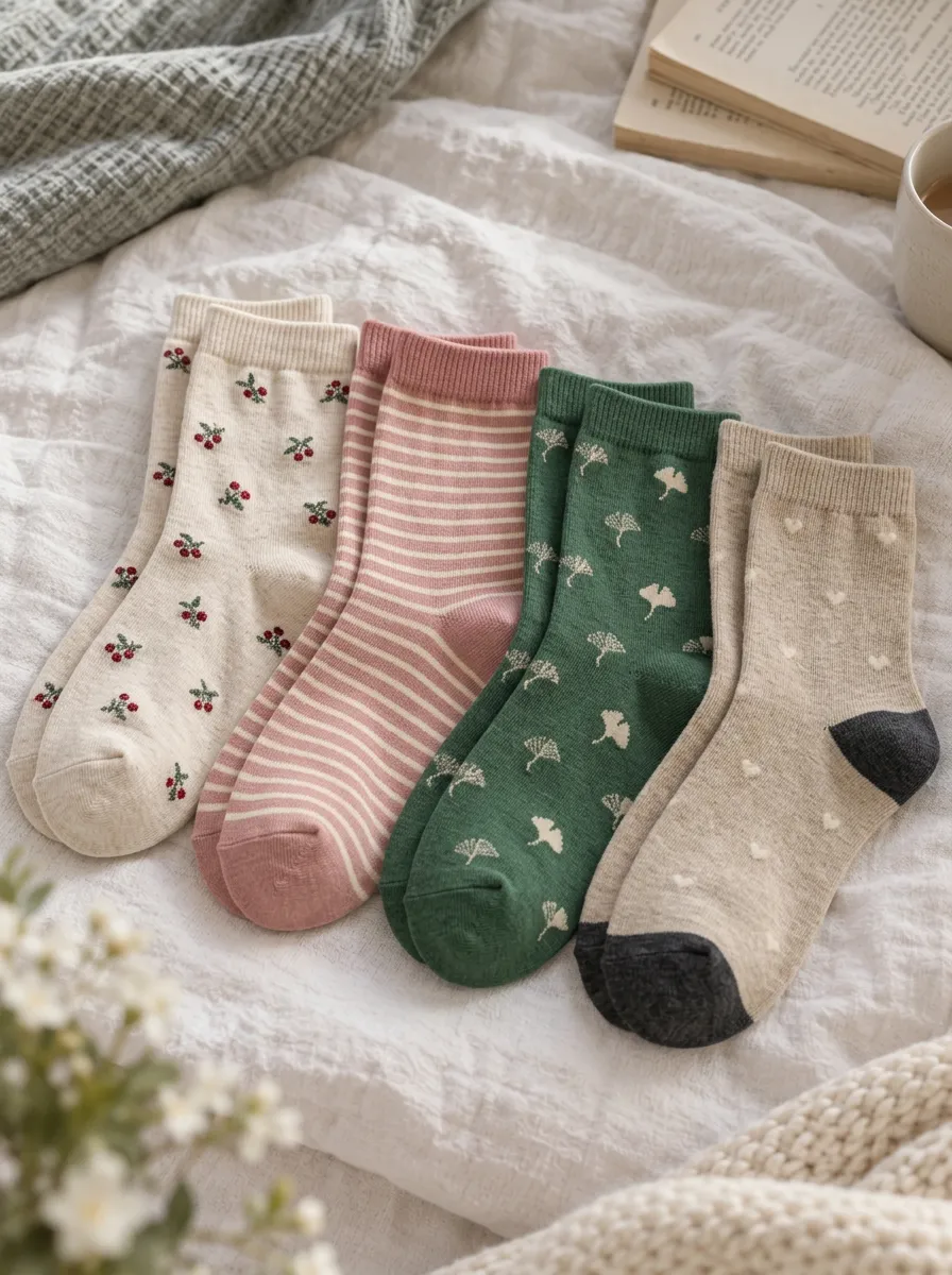 Women's Vintage Aesthetic Cherry Stripe Ginkgo Heart Printed Socks Set