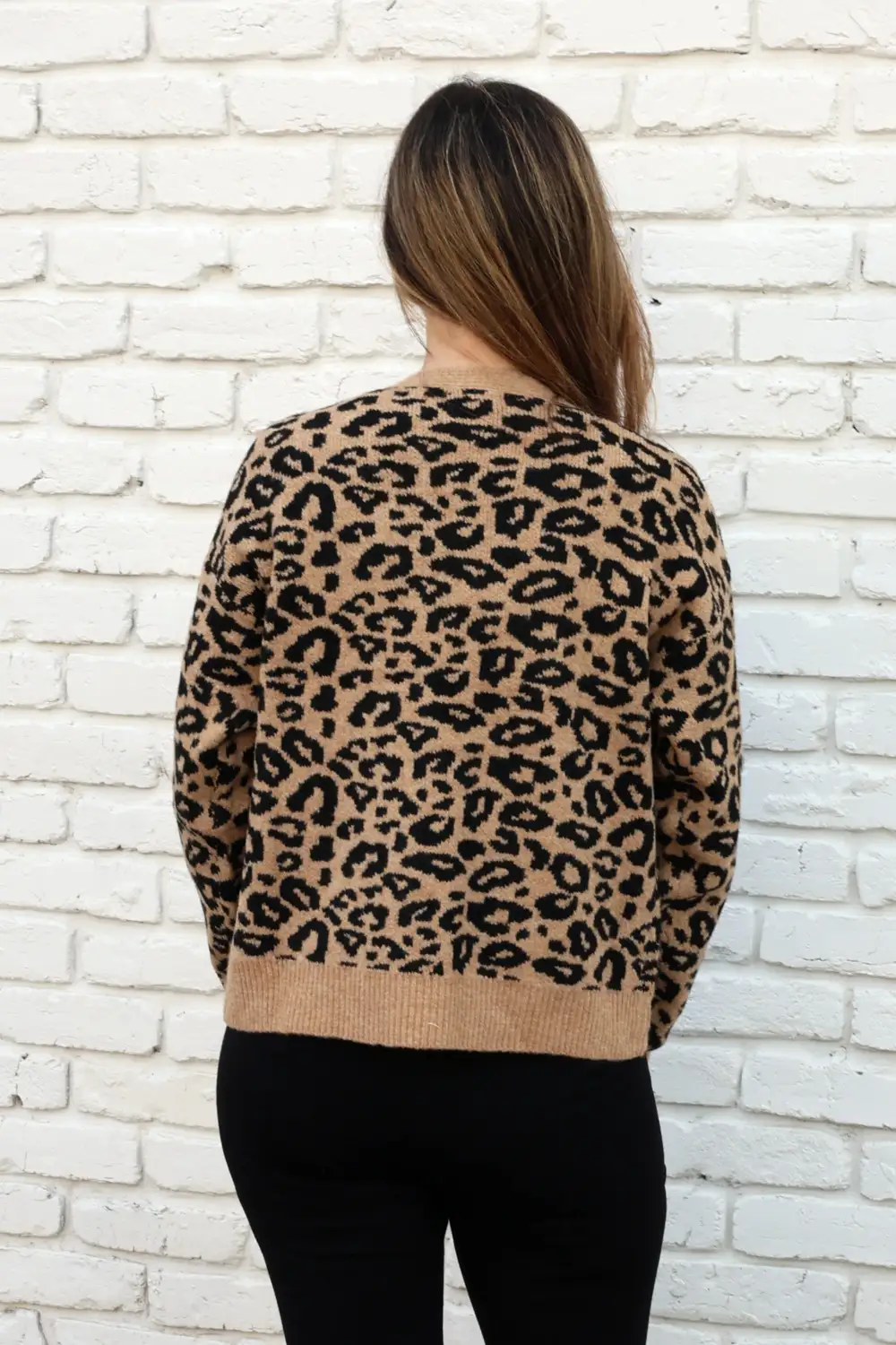 Open Front Tie Front Ribbed Leopard Print Cardigan