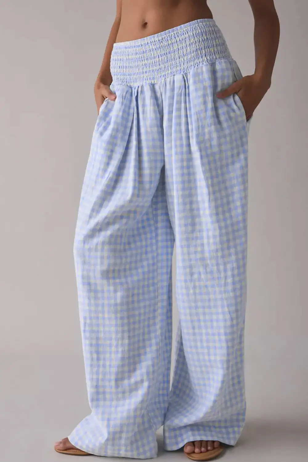 Plaid Print Smocked High Waist Loose Trousers
