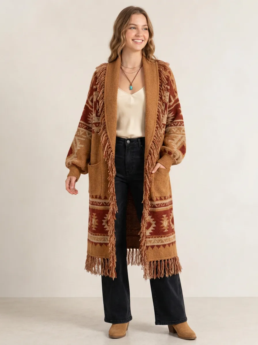 Women's Boho Western Aztec Pattern Fringe Trim Knitted Cardigan