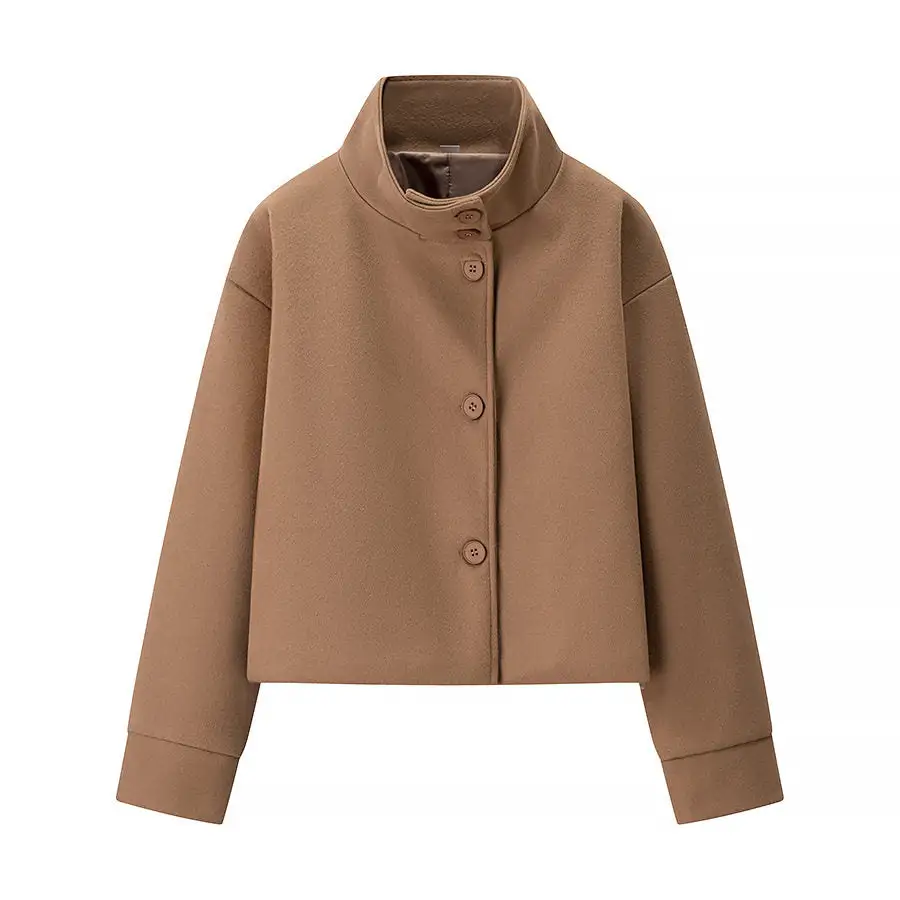 Stand-Collar Button-Front Wool-Blend Relaxed Outerwear Coat