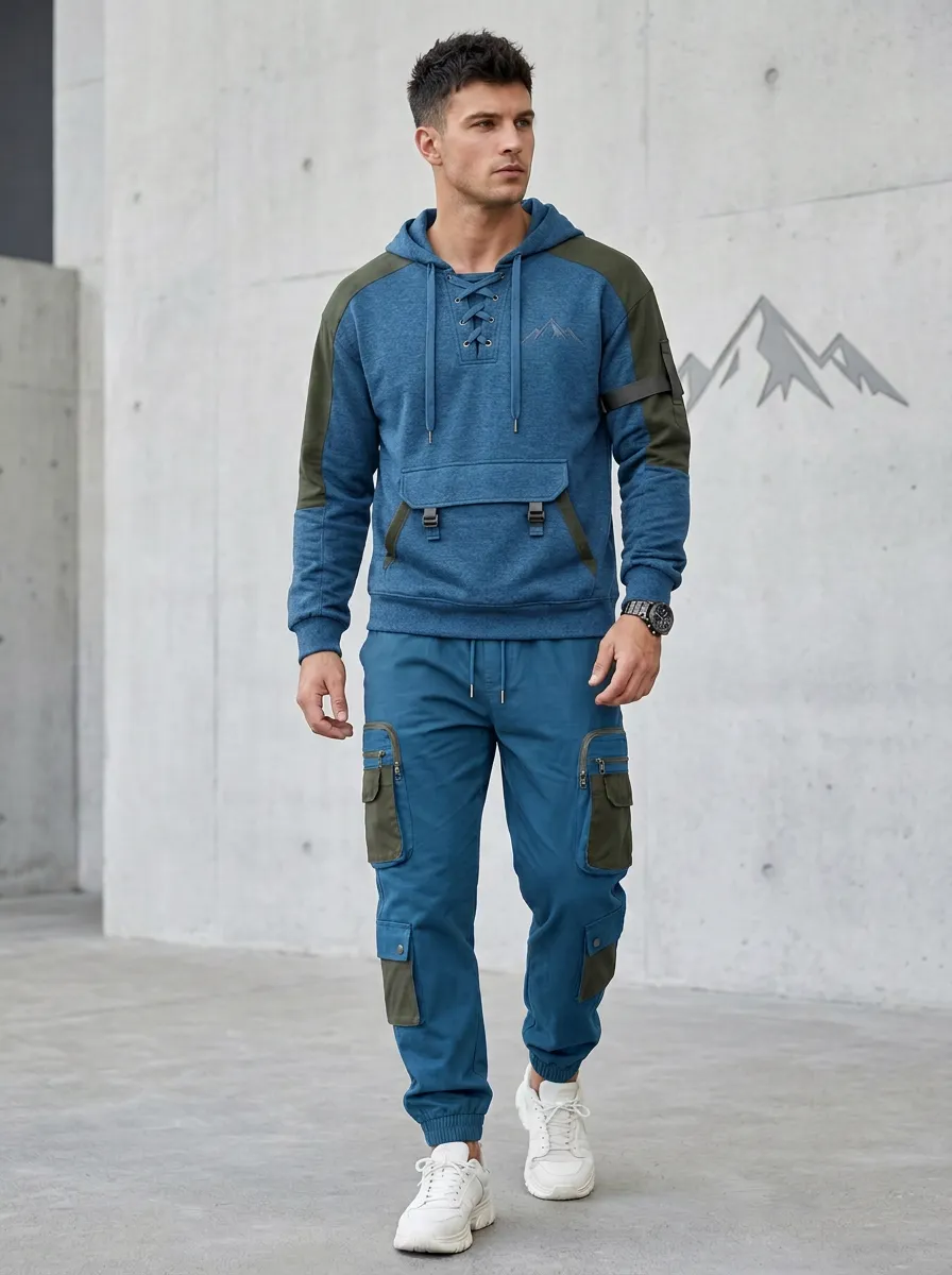 Trail-Inspired Lace-Up Mountain Graphic Active Look Men's Lace Up Hoodie And Cargo Jogger Set