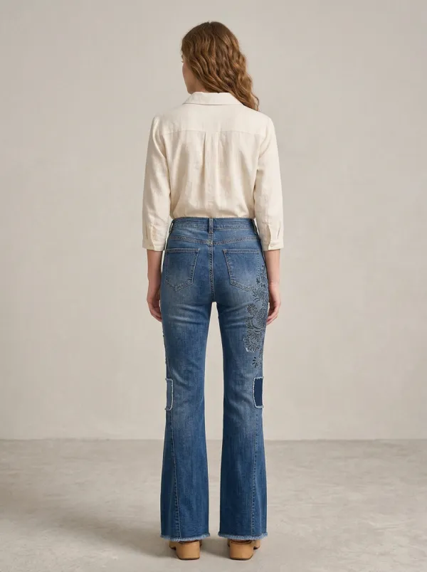 Women's Floral Embroidered High-Waisted Flared Printed Jeans