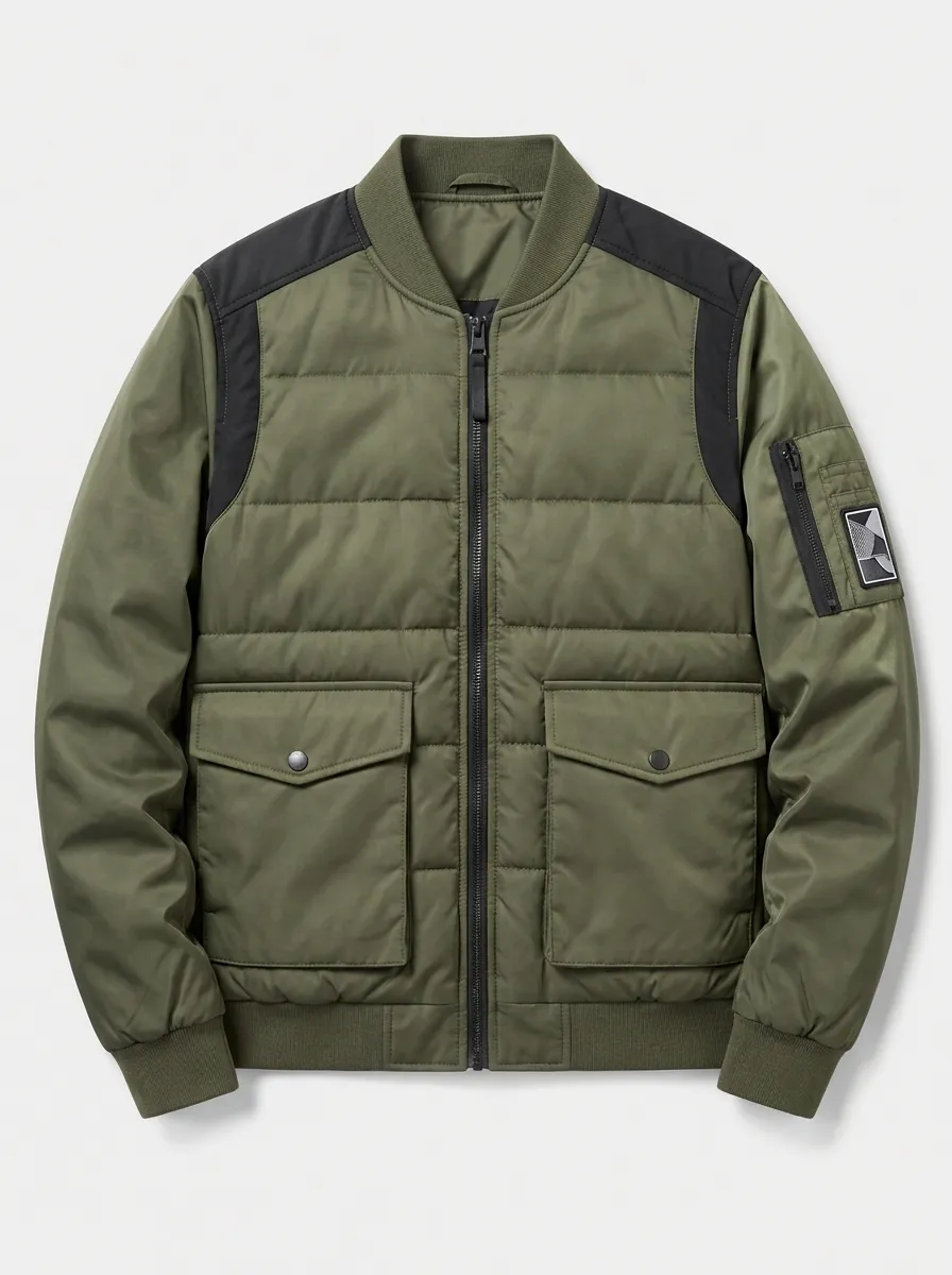 Men's Military Style Olive Green Patchwork Printed Bomber Jacket
