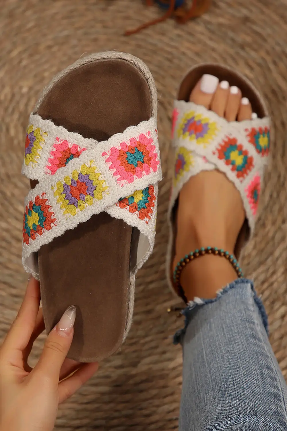 Geometric Woven Crisscross Strap Platform Slide Slippers