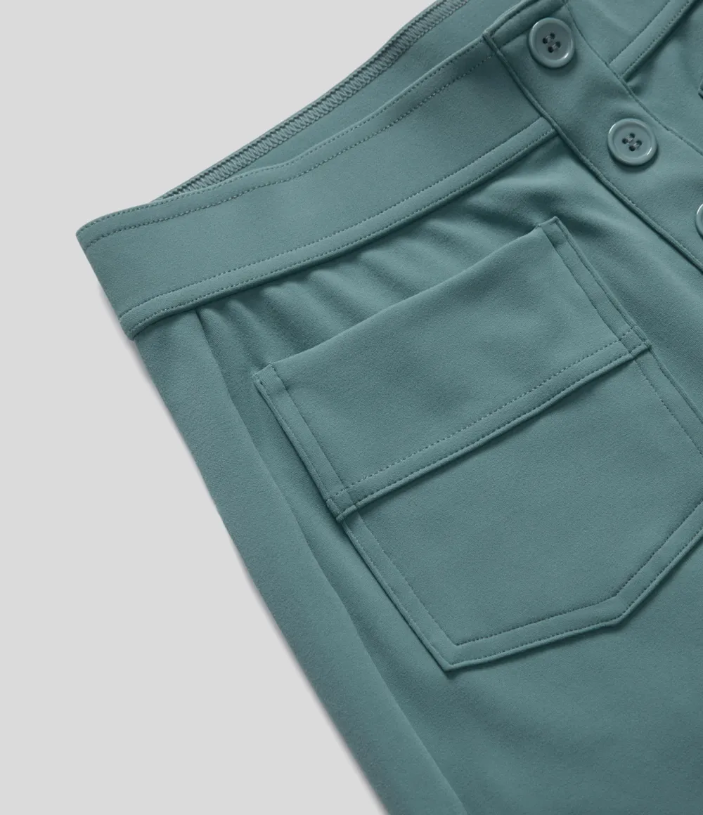 High Waisted Button Multiple Pockets Straight Leg Casual Pants